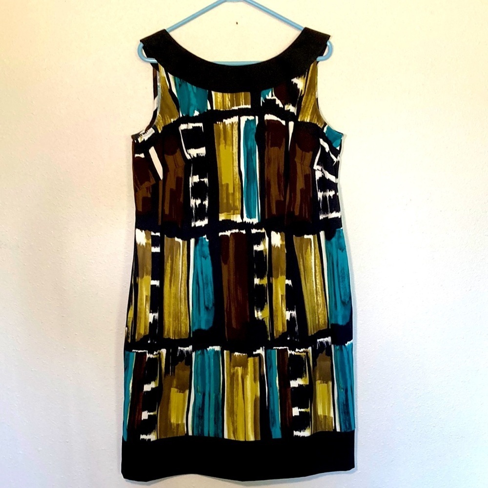 Dress Barn Teal, Mustard & Brown Abstract Midi Dress